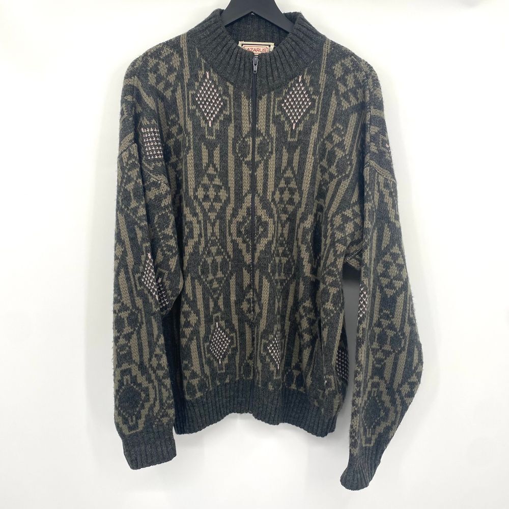 Vintage Lazarus Sweater Mens Large Geometric Aztec Pattern Wool Blend Chunky Zip
